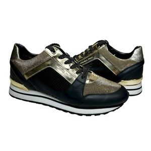 MICHAEL KORS BILLIE Black Leather Gold Metallic Mesh Versatile Sneakers Shoe 10M